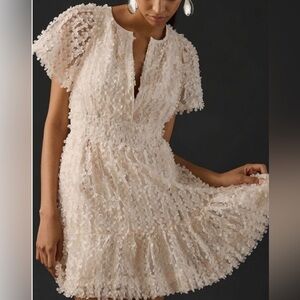 NWT Anthropologie The Somerset Mini White Dress Floral Appliqué Edition. Small